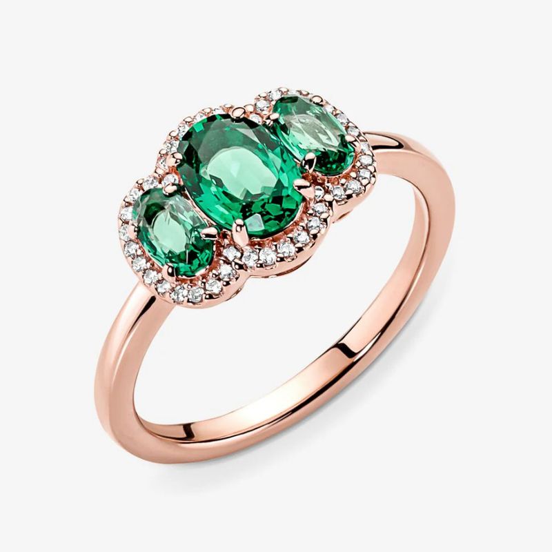 PANDORA™ Three Stone Vintage Ring Green Crystals 14K Rose Gold Plated
