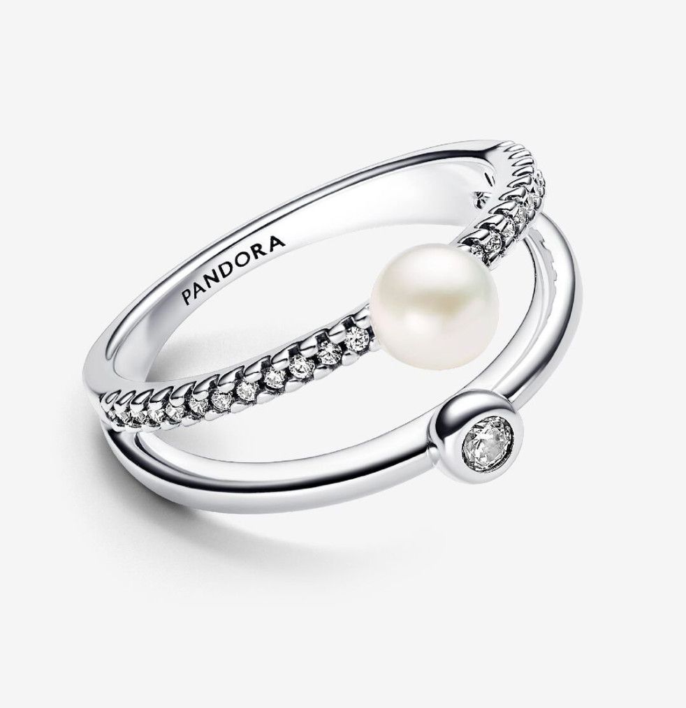 PANDORA™ Treated Freshwater Cultured Pearl + Pavé Double Band Ring Sterling Silver