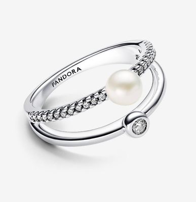 PANDORA™ Treated Freshwater Cultured Pearl + Pavé Double Band Ring Sterling Silver