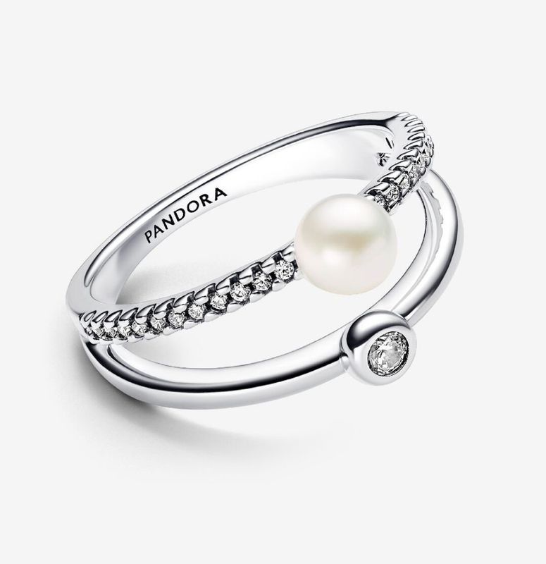 PANDORA™ Treated Freshwater Cultured Pearl + Pavé Double Band Ring Sterling Silver