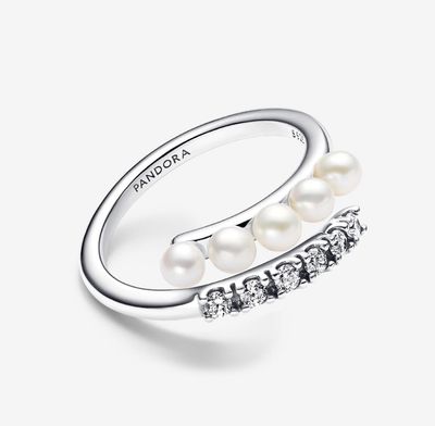 PANDORA™ Treated Freshwater Cultured Pearls + Pavé Open Ring Sterling Silver