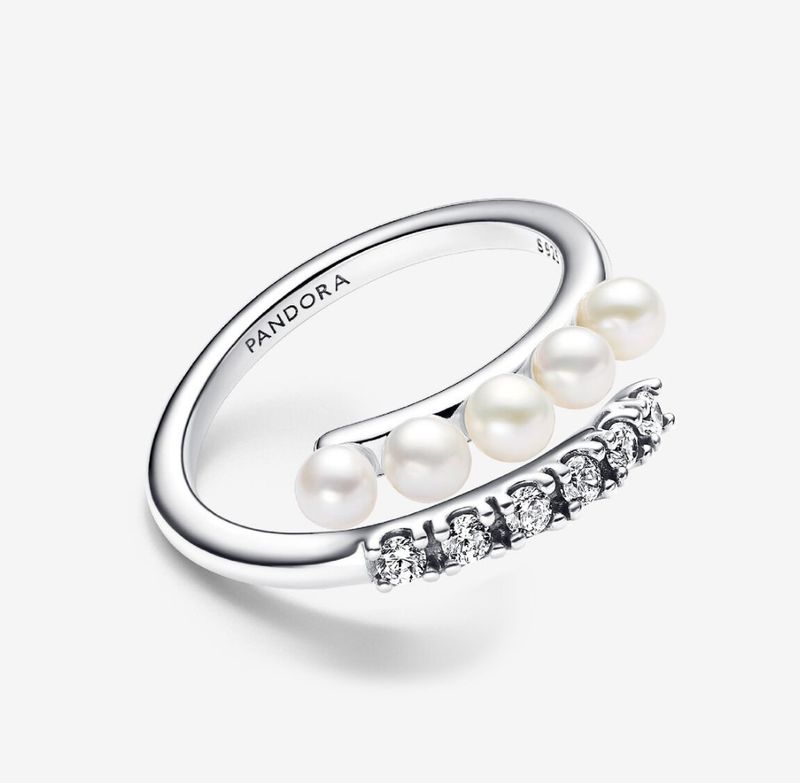 PANDORA™ Treated Freshwater Cultured Pearls + Pavé Open Ring Sterling Silver