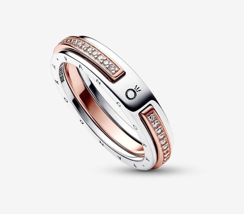 PANDORA™ Signature Two-tone Logo + Pavé Ring Sterling Silver 14k Rose Gold Plating