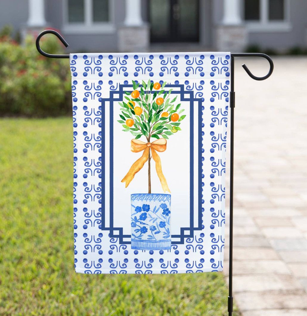 Orange Tree Blue Floral Garden Flag