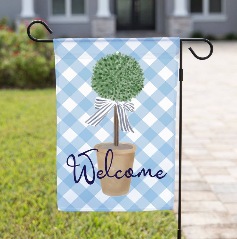 Welcome Topiary Blue Garden Flag