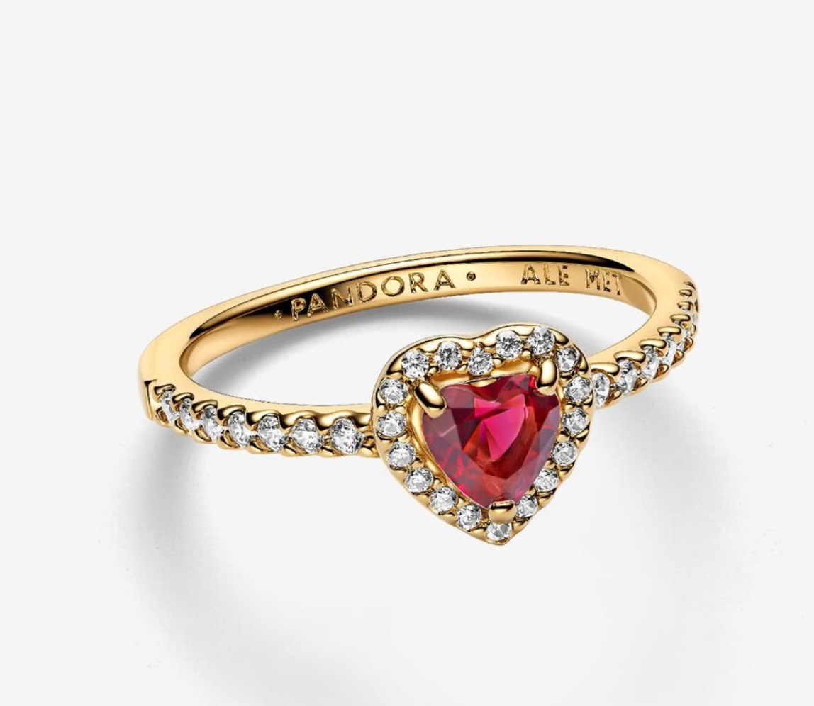 PANDORA™ 14K Gold Plated Elevated Heart Ring with Red Stone