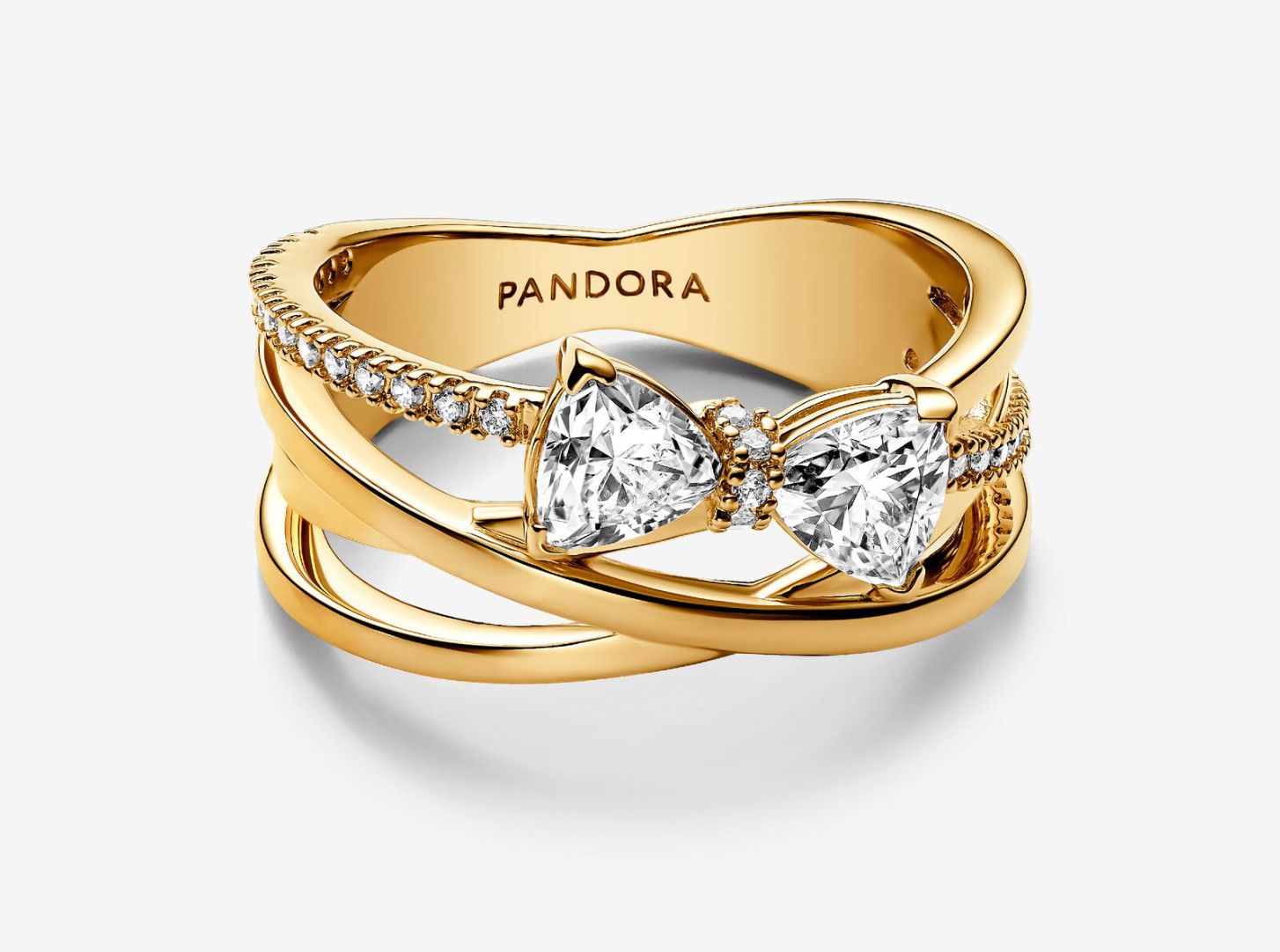 PANDORA™ Sparkling Bow &amp; Crossover 14K Gold Plated Band Ring
