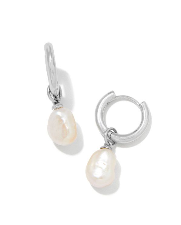 The Willa Pearl Huggie Earrings in White Pearl, Color: Silver