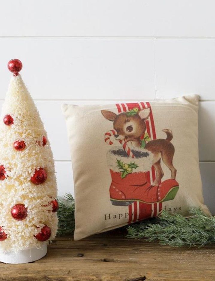 Mini Vintage Deer Happy Holidays Pillow