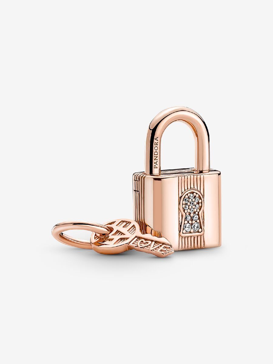 PANDORA™ Padlock &amp; Key 2-Piece 14K Rose Gold Plated Dangle Charm
