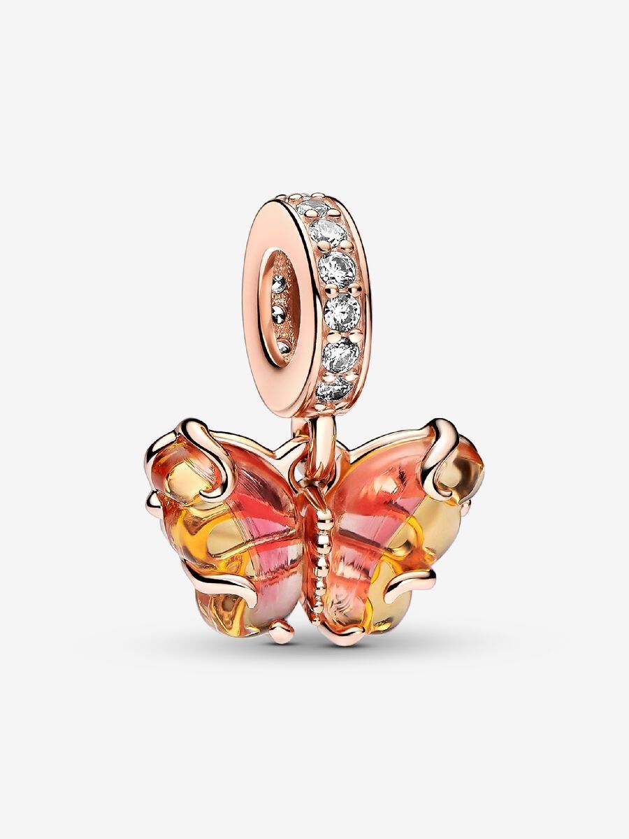 PANDORA™ Pink and Yellow Murano Glass Butterfly 14K Rose Gold Plated Dangle Charm