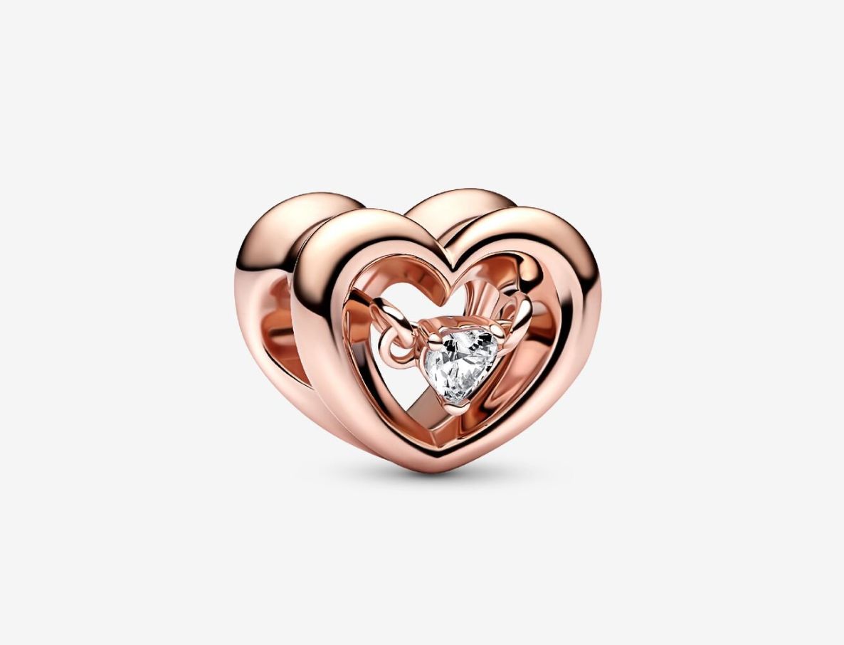 PANDORA™ Radiant Heart &amp; Floating Stone 14K Rose Gold Plated Charm