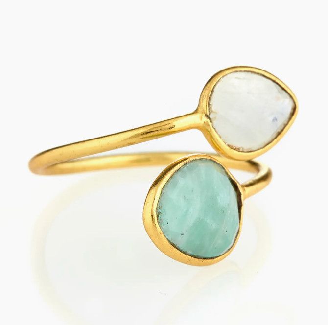 Amazonite + Moonstone Double Teardrop Adjustable Ring