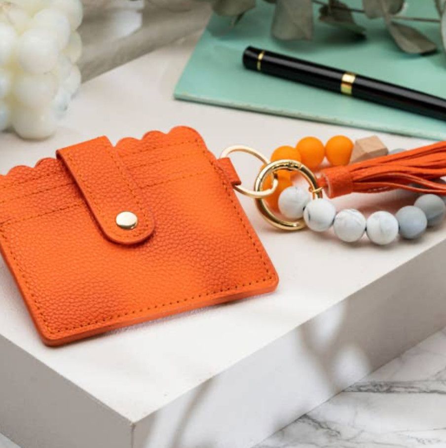 Leather Keychain Wallet with Wristlet Bangle, Color: Orange