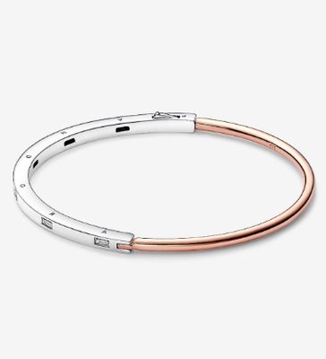 PANDORA™  Signature Two-tone I-D Pavé Bangle Sterling Silver 14k Rose Gold Plating