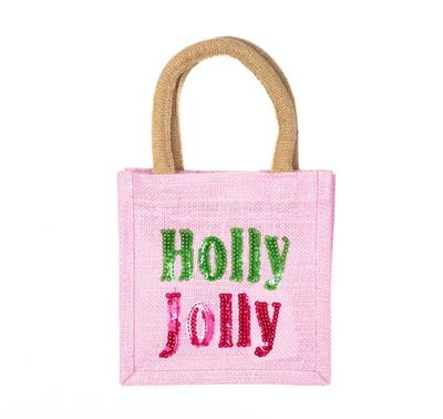 Holly Jolly Sequin Petite Gift Tote Light Pink + Green