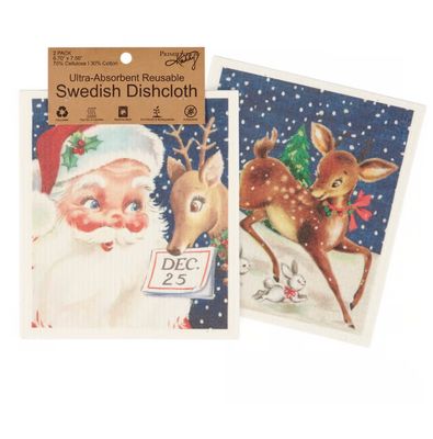 Retro Santa &amp; Reindeer Swedish Dischcloth Set