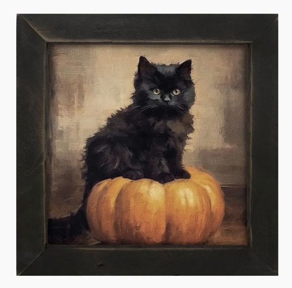Cat on Pumpkin Black Frame Small | 8x8
