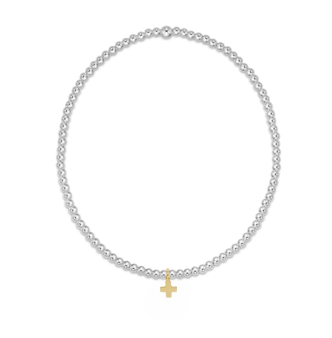 Classic Sterling Mixed Metal 2mm Bead Bracelet Signature Cross Small Gold Charm