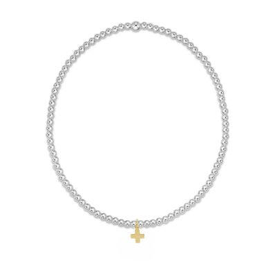 Classic Sterling Mixed Metal 2mm Bead Bracelet Signature Cross Small Gold Charm