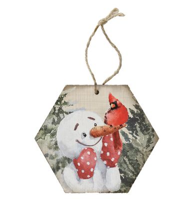 Snowman Cardinal Wood Ornament