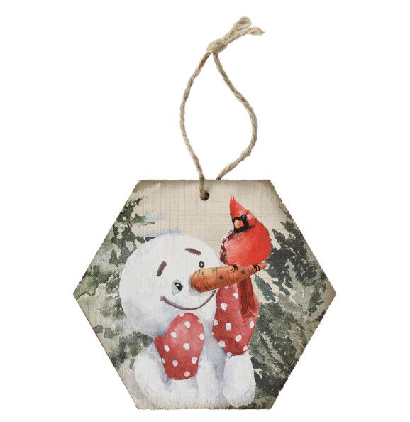 Snowman Cardinal Wood Ornament