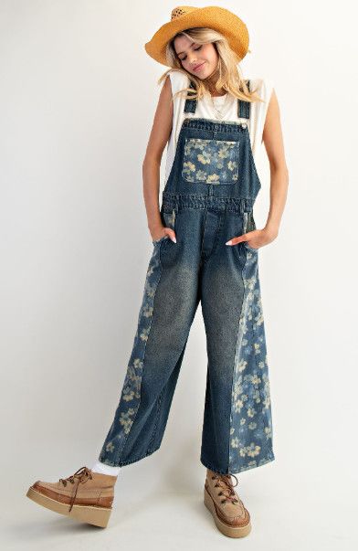 The Stacey Flower Print Mixed Wash Overalls, Size: S