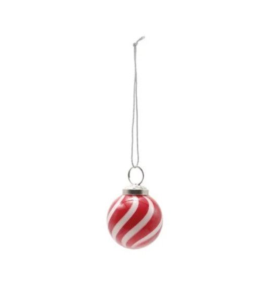 Hand Blown Glass Ball Red &amp; White Swirl Ornament