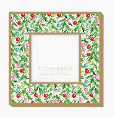 Gold Handpainted Green Holly &amp; Colorful Ornaments Frame | 4x4