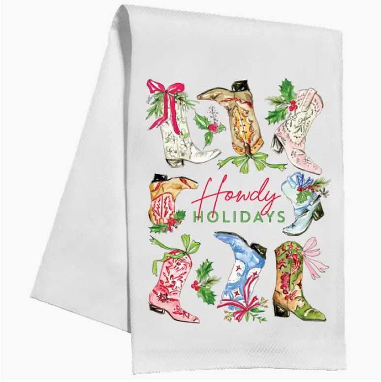 Handpainted Howdy Holidays Boots Tea Towel