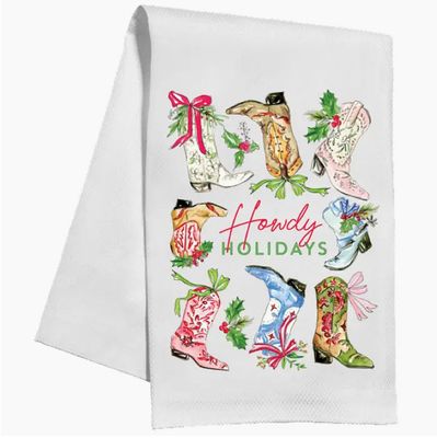 Handpainted Howdy Holidays Boots Tea Towel