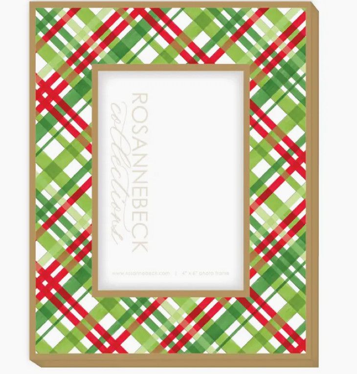 Gold Handpainted Green White &amp; Light Green Plaid Frame | 4x6