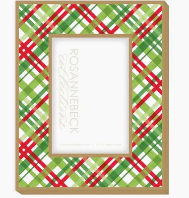 Gold Handpainted Green White &amp; Light Green Plaid Frame | 4x6
