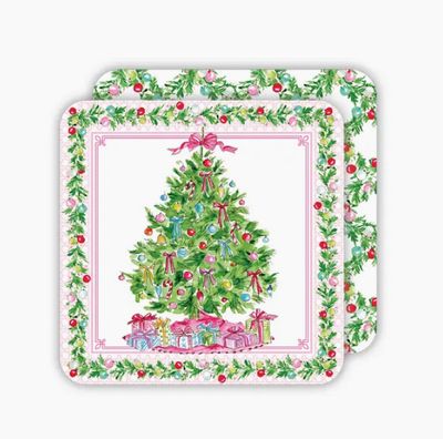 Pink Christmas Tree Reversible  Coaster Set of 20