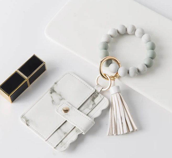 Beaded Wristlet Keychain Wallet, Color: White Marble