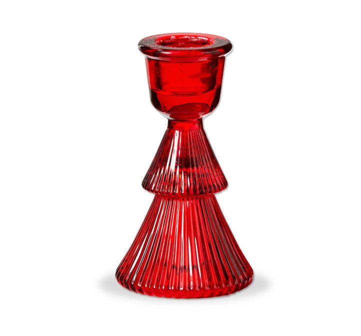 Small Glass Ribbed Tree Taper Candle Holder, Color: Red
