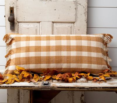 Large Woven Ochre Plaid with Tassels Lumbar Pillow