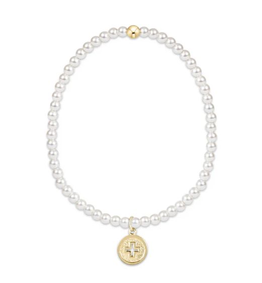 Classic Pearl 3mm Bead Bracelet Signature Cross Gold Disc