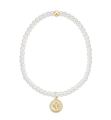 Classic Pearl 3mm Bead Bracelet Signature Cross Gold Disc