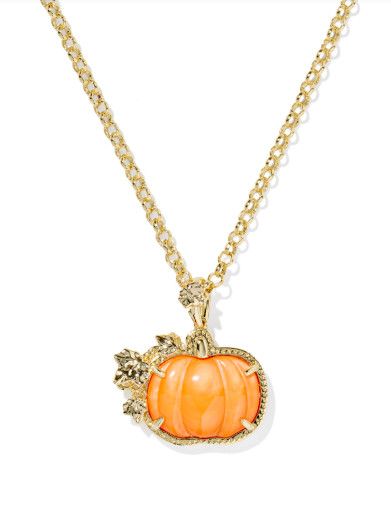Pumpkin Long Pendant Necklace in Gold Orange Mother of Pearl
