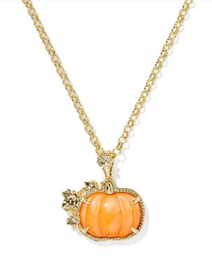 Pumpkin Long Pendant Necklace in Gold Orange Mother of Pearl