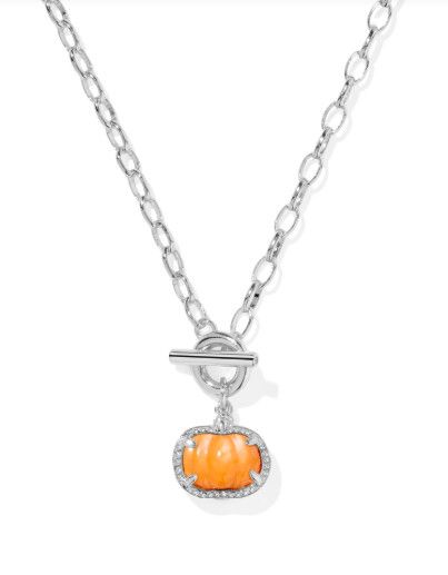 Pumpkin Link Chain Necklace Silver Orange Mother of Pearl