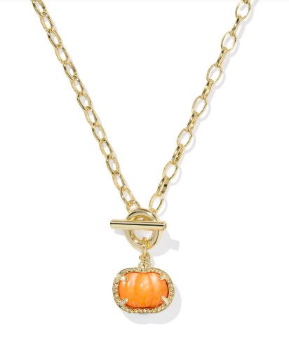 Pumpkin Link Chain Necklace Gold Orange Mother of Pearl