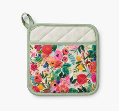 Rifle Paper Co. Garden Party pot holder with colorful floral print, quilted cotton design and heat resistant padding
