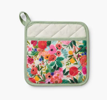 Rifle Paper Co. Garden Party pot holder with colorful floral print, quilted cotton design and heat resistant padding
