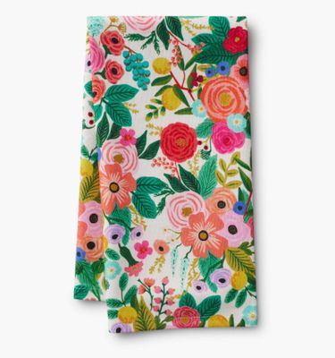 Rifle Paper Co Garden Party tea towel featuring colorful floral pattern and decorative kitchen design
