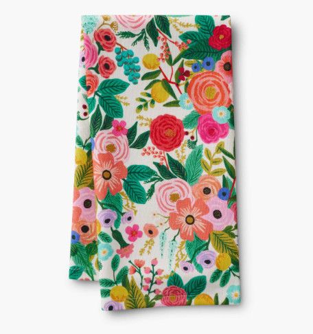 Rifle Paper Co Garden Party tea towel featuring colorful floral pattern and decorative kitchen design
