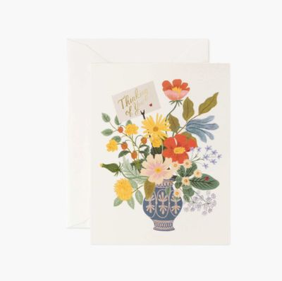 Rifle Paper Co Thinking of You bouquet card featuring illustrated floral arrangement and elegant lettering