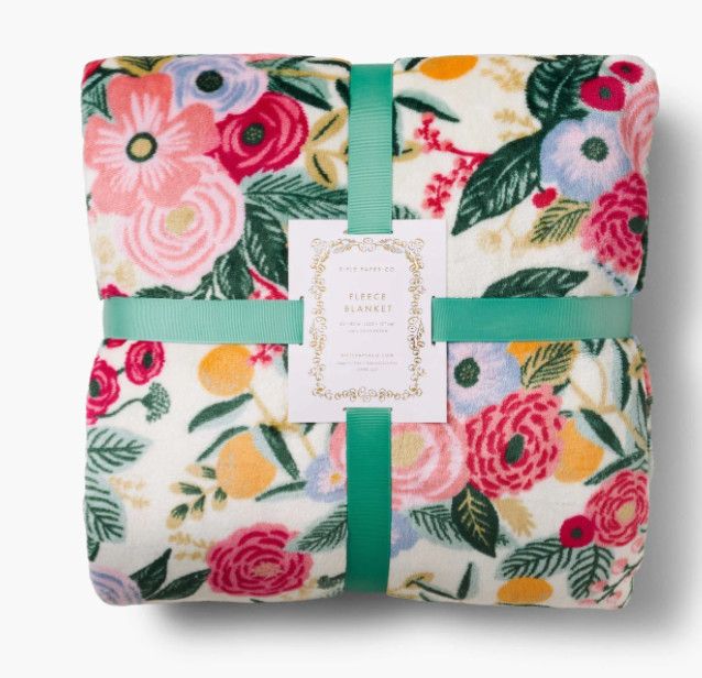 Rifle Paper Co Garden Party fleece blanket with colorful floral pattern and soft cozy fabric
