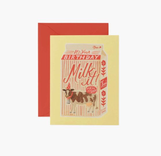 Rifle Paper Co Milk It birthday card featuring illustrated milk carton and playful birthday message